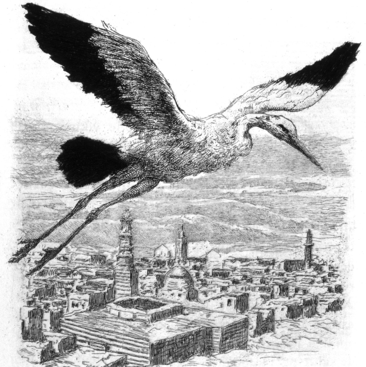 Ein Storch fliegt über ein nordafrikanisches Dorf von Alexandre Lunois