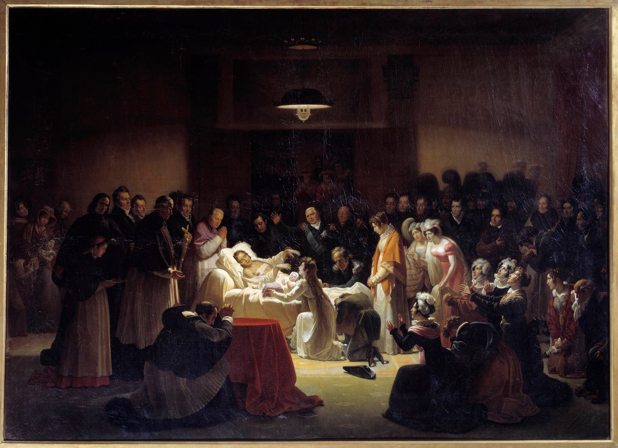 Die letzten Momente des Herzogs von Berry an der Pariser Oper, umgeben von Ludwig XVIII. und der königlichen Familie von Alexandre Menjaud