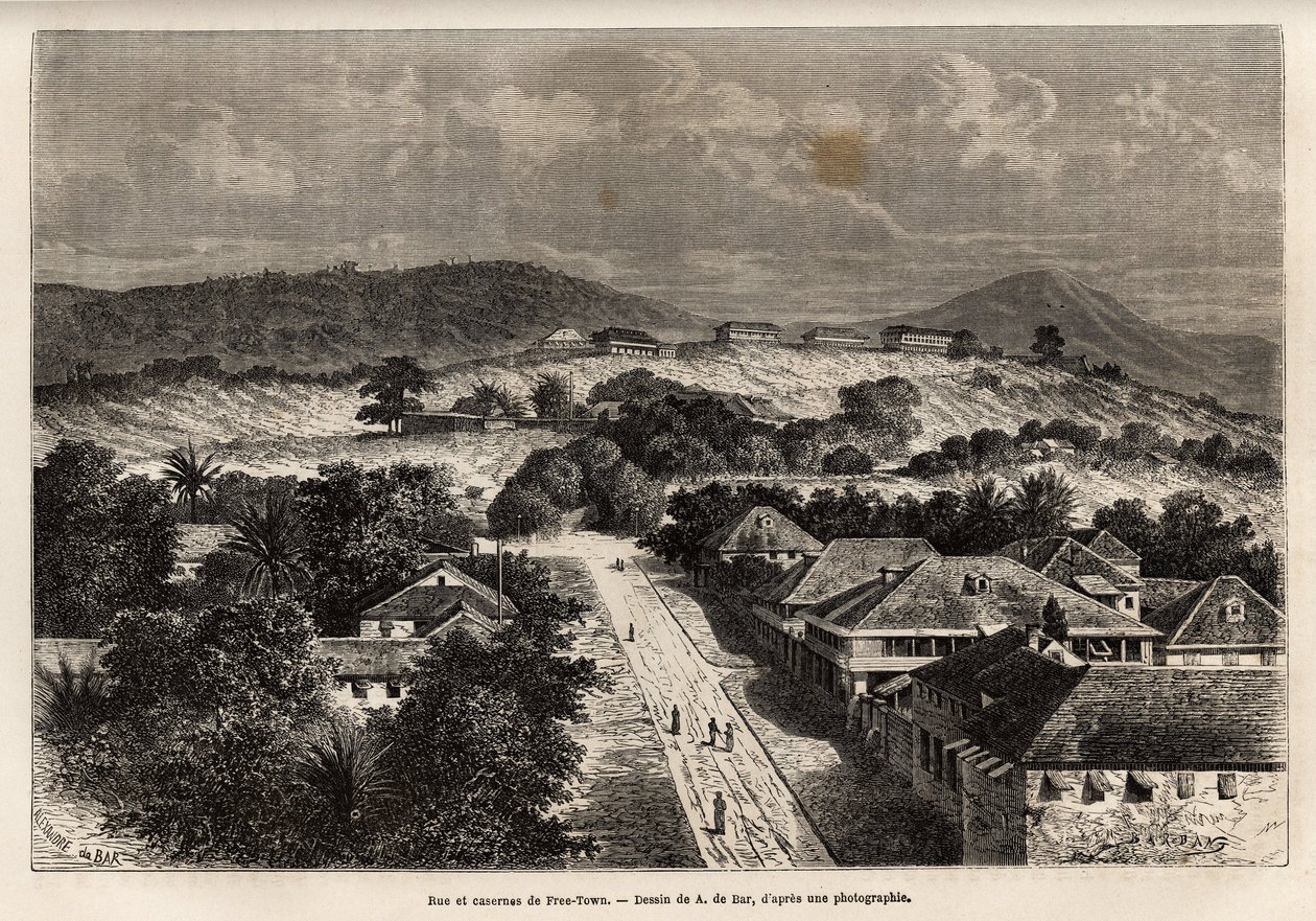 Straße und Kasernen von Freetown, Sierra Leone, Gravur nach der Zeichnung von A. de Bar, zur Illustration der Reise an die Küste Afrikas, 1868, von Vizeadmiral Fleuriot de Langles, veröffentlicht in Le tour du monde 1873, herausgegeben von Edouard Charton, von Alexandre de (after) Bar