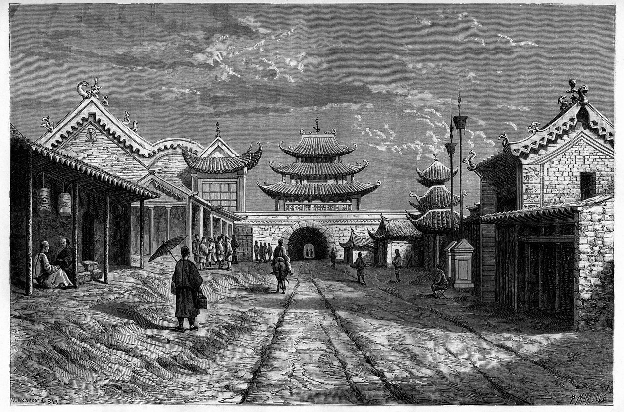 Ansicht einer Straße in Youn Tchen Sian, China. Gravur nach einer Zeichnung von A. de Bar, in Le Tour du Monde, Nouveau journal des Voyages, herausgegeben von Edouard Charton, Paris von Alexandre de (after) Bar