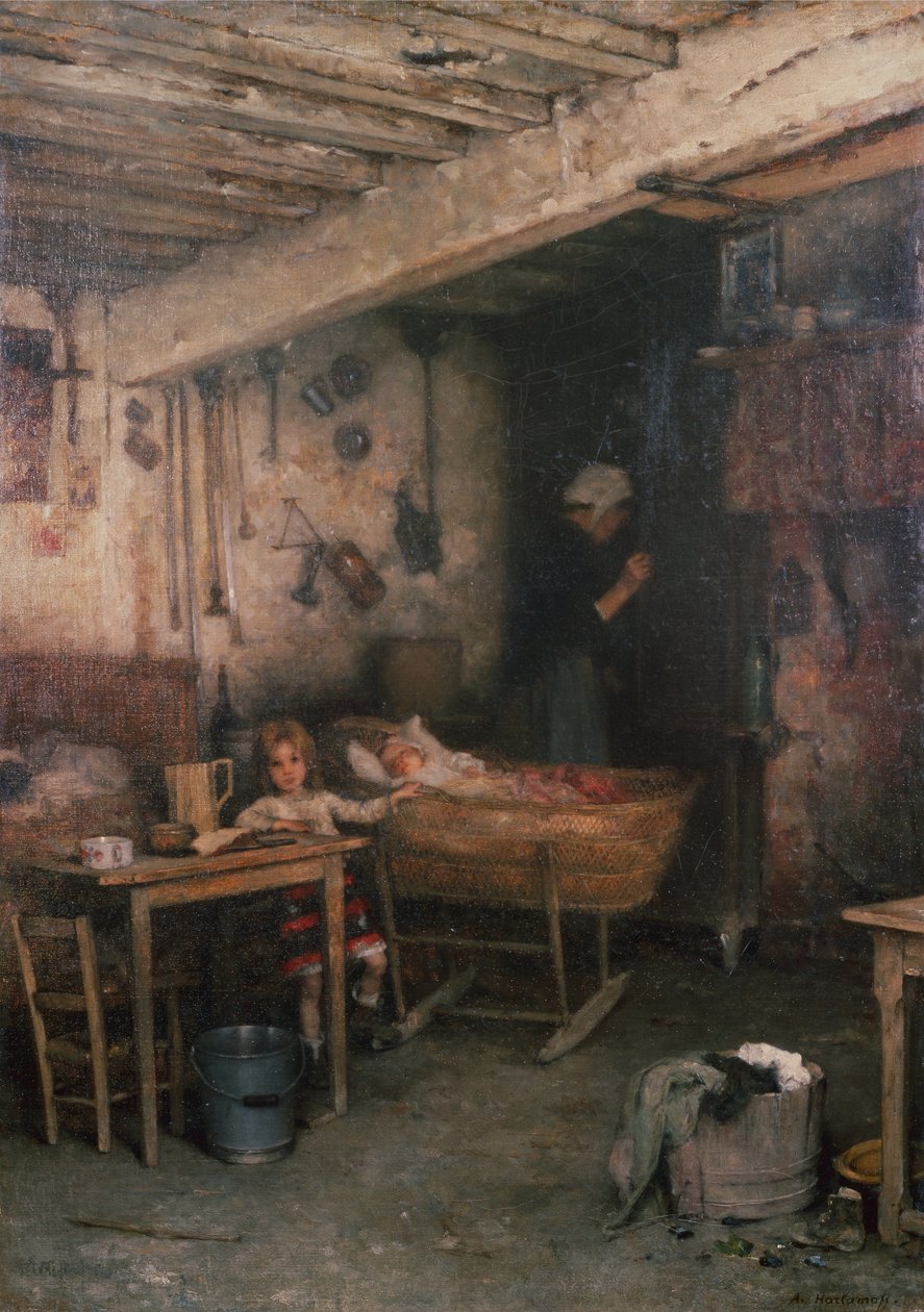 Kinder in einem Cottage-Inneren von Alexei Alexevich Harlamoff