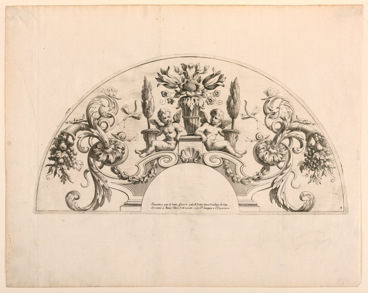 Fächerblätter, fünfte und sechste Platte des Sets "Divers Desseins de grands Eventails, Encrans, et autres Ornamens, inventés et gravés par Nicolas Loire" von Alexis Loir