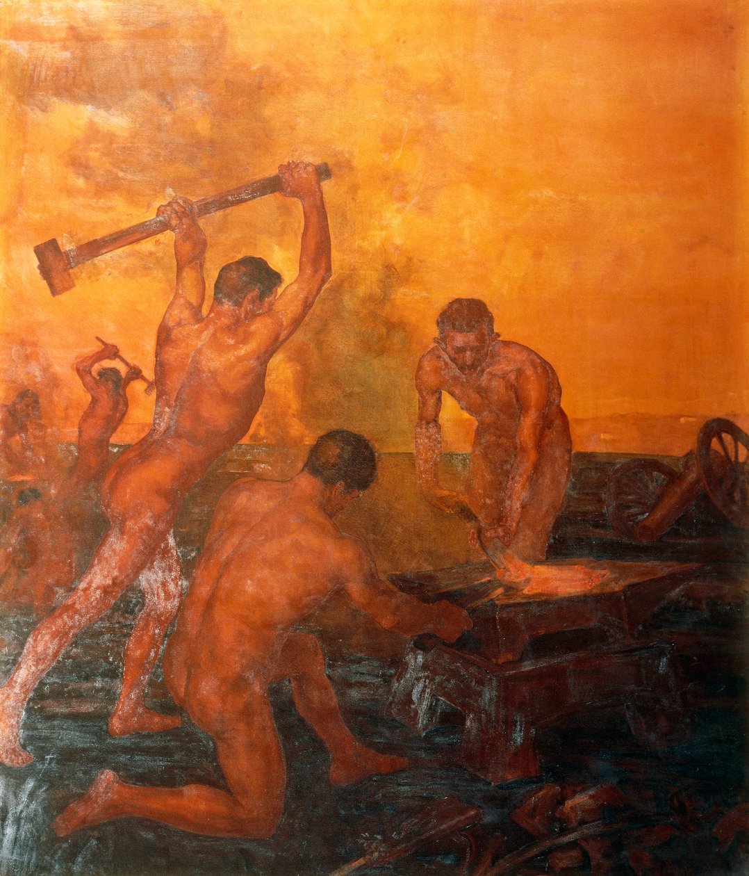 Die Schmiede, linkes Panel des Eisenbahner-Triptychons von Alfonso Quarantelli