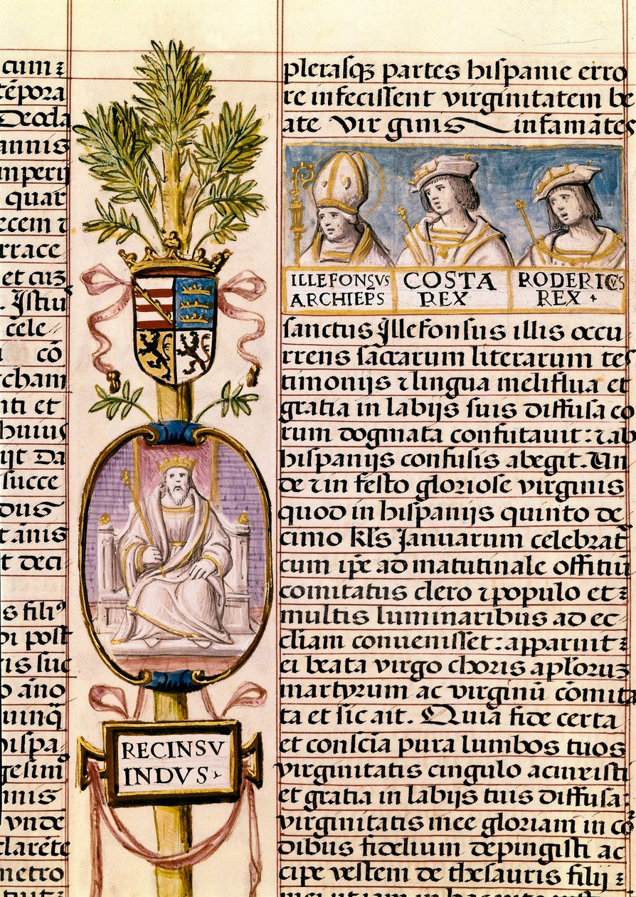 Porträt von Flavius Recceswinth, König der Westgoten von Spanien von 653 bis zu seinem Tod im Jahr 672, Miniatur in "Genealogía de los reyes de España" von Alfonso de Cartagena