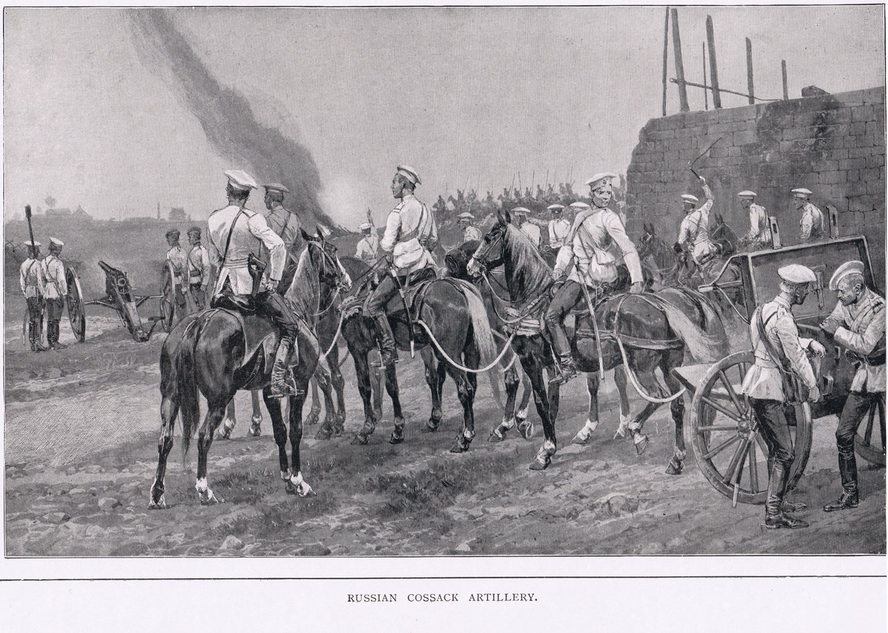 Russische Kosakenartillerie während des Russisch-Japanischen Krieges von Alfred Pearse