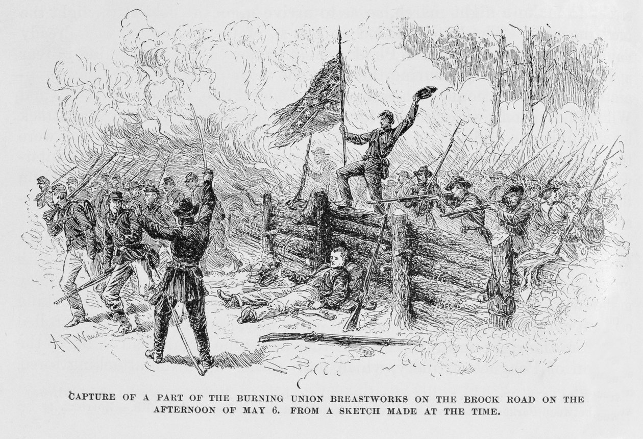 Eroberung eines Teils der brennenden Union-Brustwehren an der Brock Road am Nachmittag des 6. Mai, Illustration aus 