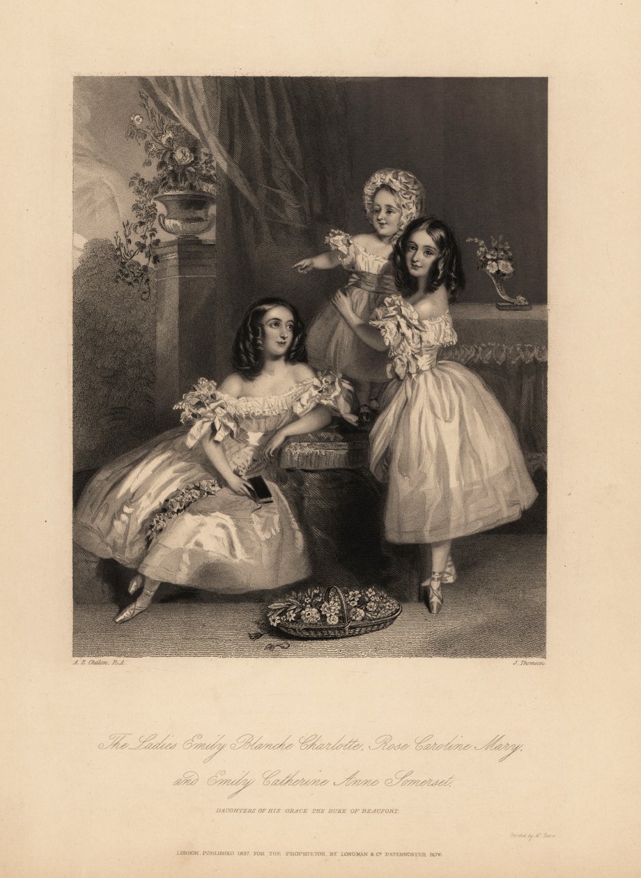 Porträt von Emily Blanche Charlotte, Rose Caroline und Emily Catherine Anne Somerset, Töchter von Henry Somerset, 7. Herzog von Beaufort. Drei junge Schwestern mit Locken in Satinkleidern mit Bändern und Spitze, Ballettschuhe. Stahlstich von J. Thomson und von Alfred Edward (after) Chalon