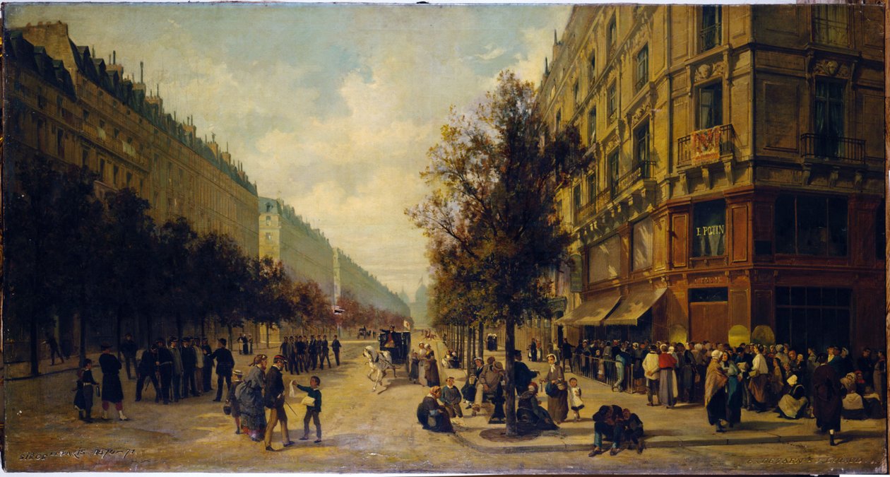 Schlange vor einem Lebensmittelgeschäft (Ecke Rue Réaumur und Boulevard Sébastopol) im November 1870, 1871 von Alfred /Brunner Lacoste Emile (1838 81) Decaen
