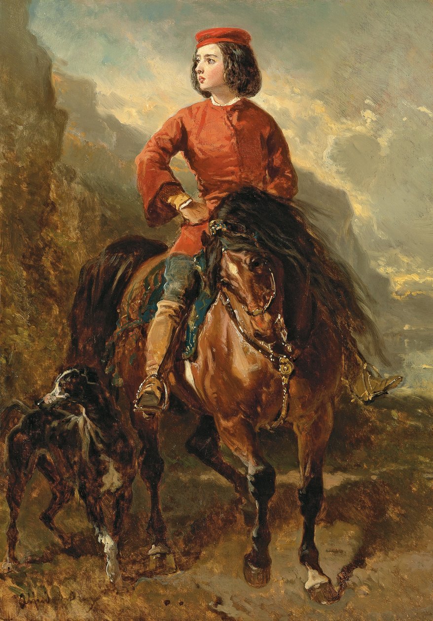 Junger Reiter auf einem Shetlandpony, mit einem Windhund, 19. Jahrhundert von Alfred Dedreux