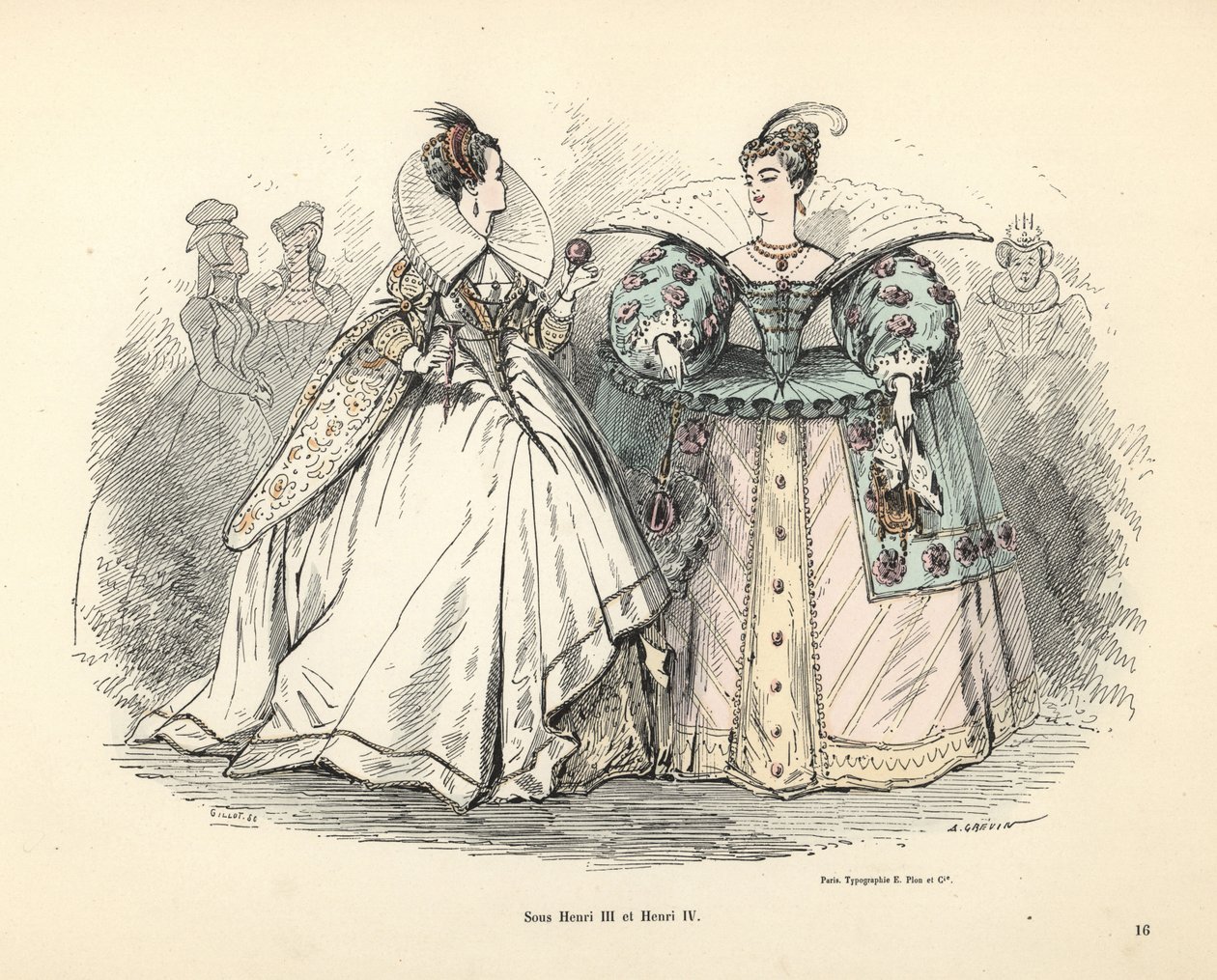 Karikatur von Frauenkostümen in der Ära von König Heinrich III. und IV. von Alfred Grevin