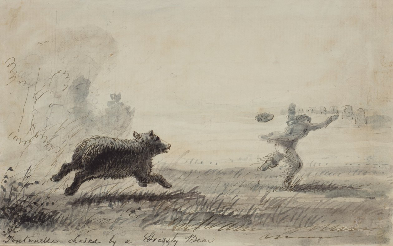 Fontenelle verfolgt von einem Grizzlybär, um 1837 von Alfred Jacob Miller