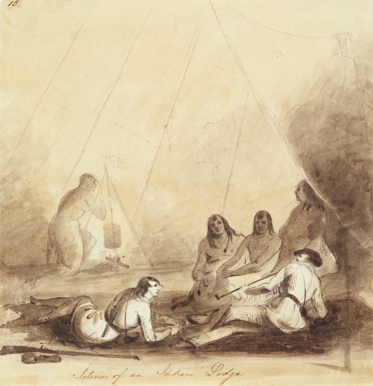 Inneres einer Indianerhütte, ca. 1837 von Alfred Jacob Miller