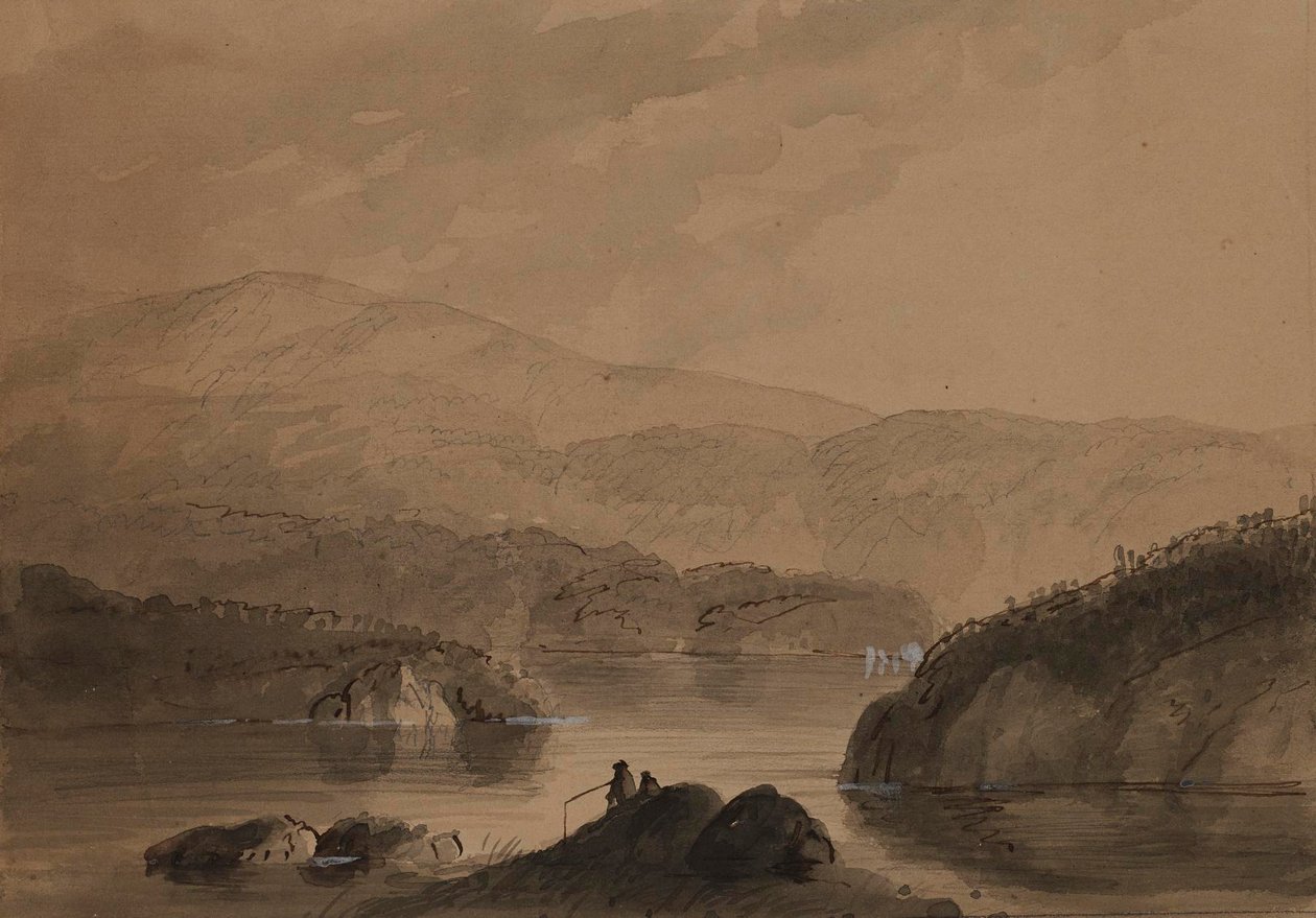 Ansicht von Männern, die von einem Felsen in einem See angeln von Alfred Jacob Miller