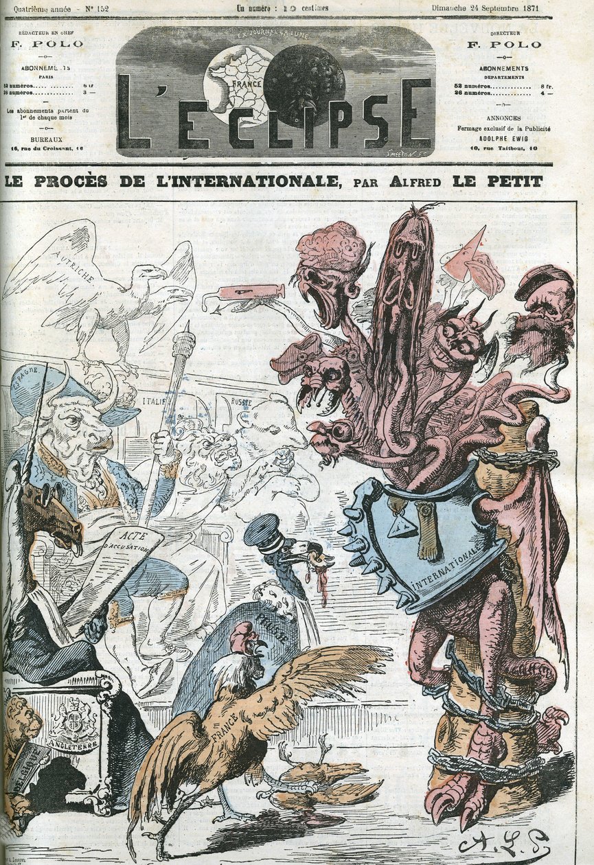 Der Internationale Prozess durch den Londoner Generalrat nach der Verhaftung von Mitgliedern der Internationalen Arbeiterassoziation. Titelbild in 