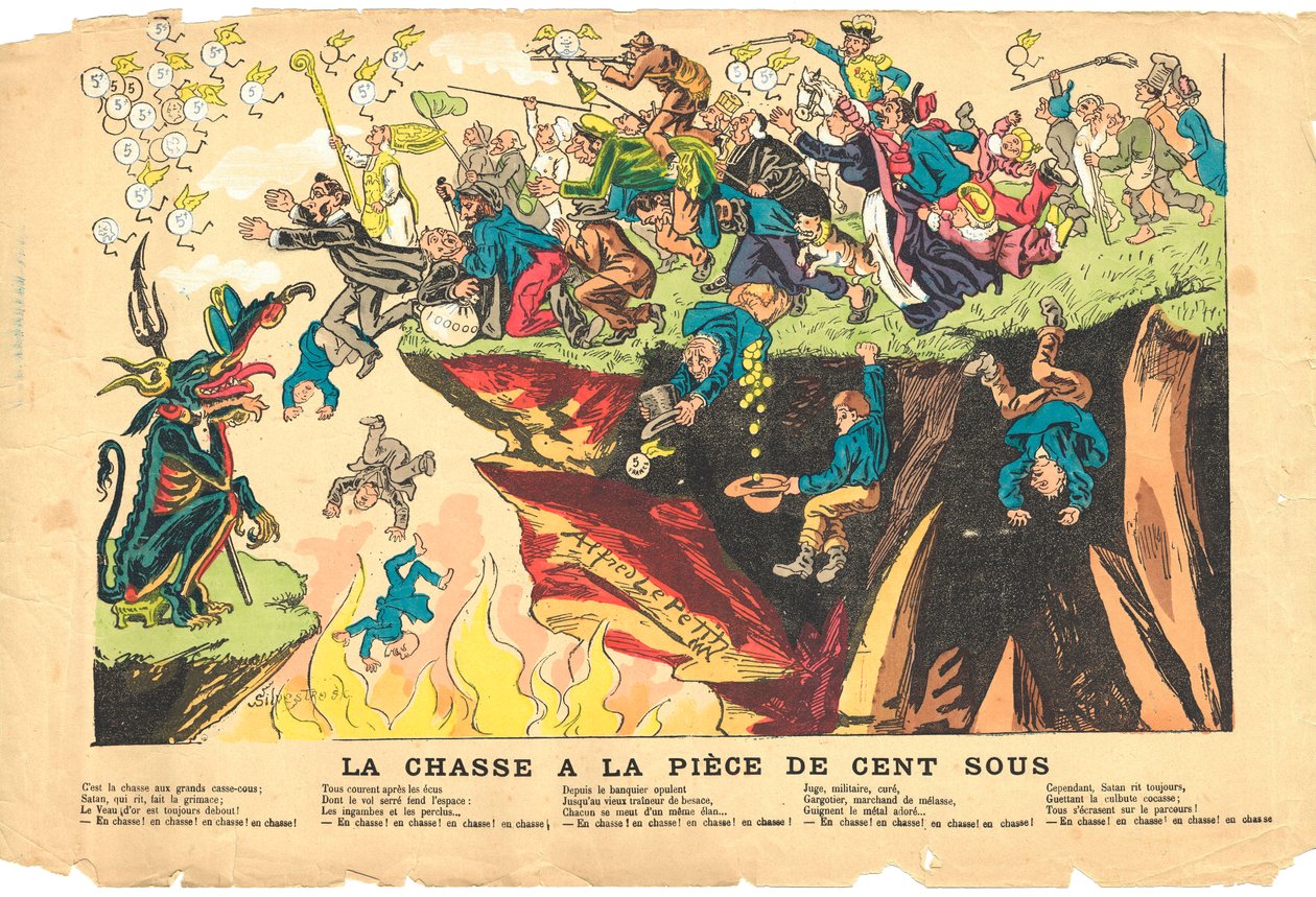 Flugblatt, Satirisch in Farben, ca. 1878: Jagd auf ein hundert Stück Silber - Teufel, Heilungen Illustration von Alfred Le Pete von Alfred Le Petit