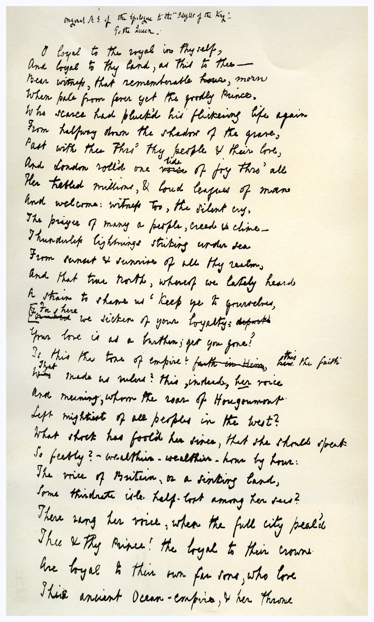 Originalmanuskript des Epilogs zu den Idyllen des Königs, um 1872 von Alfred Lord Tennyson