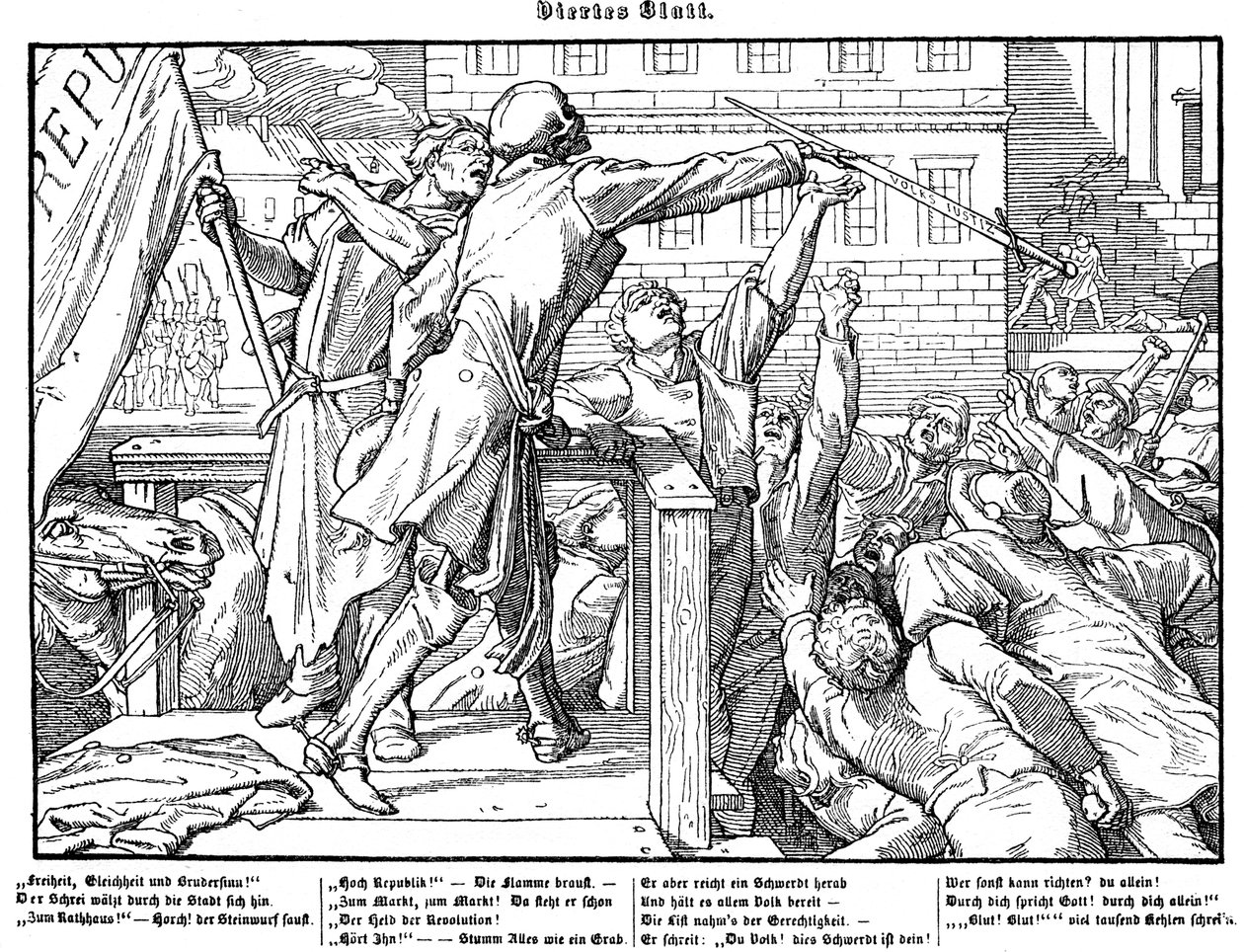 Totentanz 1848: Der Tod bietet das Schwert der Gerechtigkeit an von Alfred Rethel