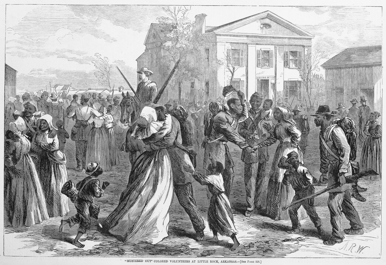 Ausgemusterte farbige Freiwillige in Little Rock, Arkansas, aus Harpers Weekly, veröffentlicht 1866 von Alfred Rudolph Waud