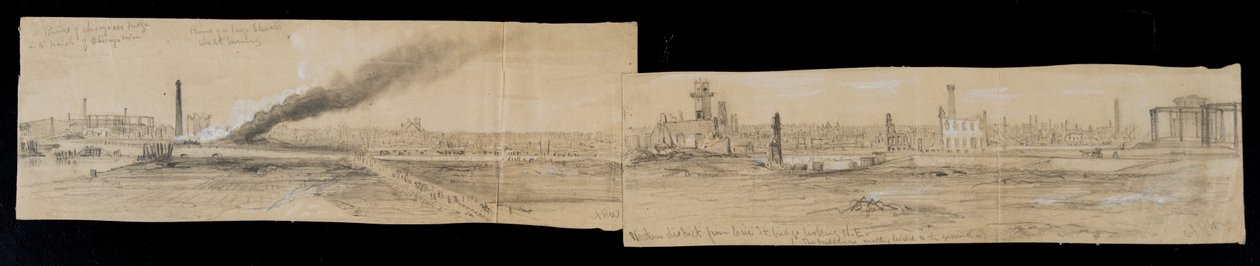 Nördlicher Bezirk von der Erie Street Bridge, Blick nach Osten, während des Chicagoer Brandes von 1871 von Alfred Rudolph Waud