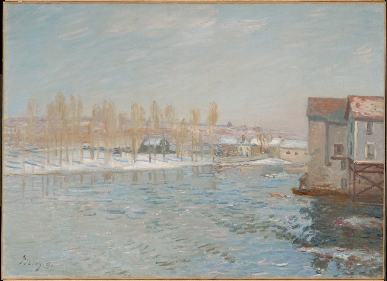 Der Loing und die Mühlen von Moret, Schneeeffekt von Alfred Sisley
