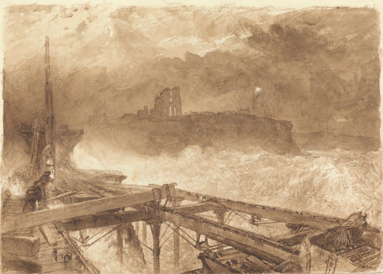 Studie für Tynemouth Pier - Lampenanzünden bei Sonnenuntergang von Alfred William Hunt