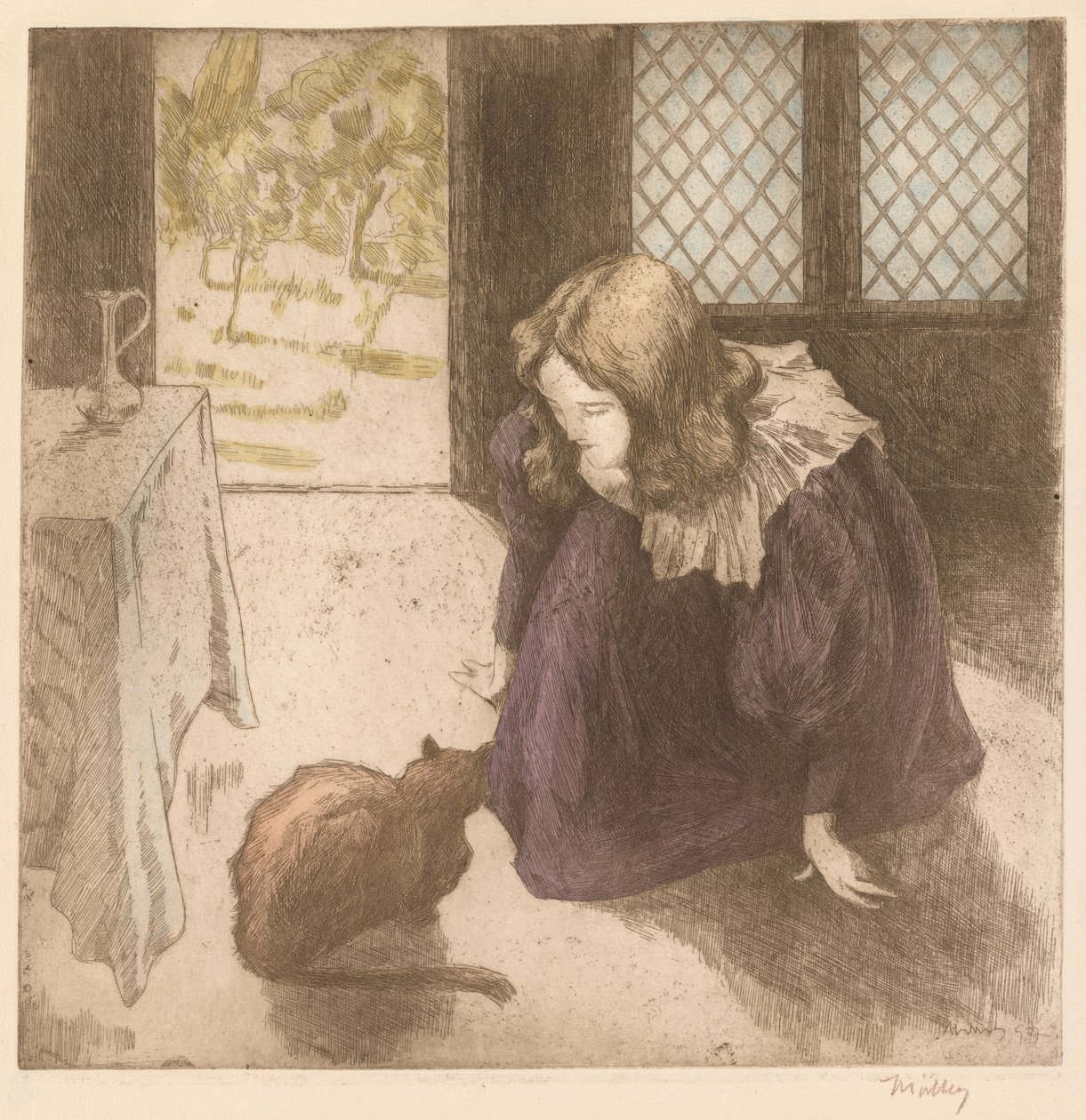 Interieur, kleines Mädchen mit Katze La Petite fille au chat, 1897 von Alfredo Müller