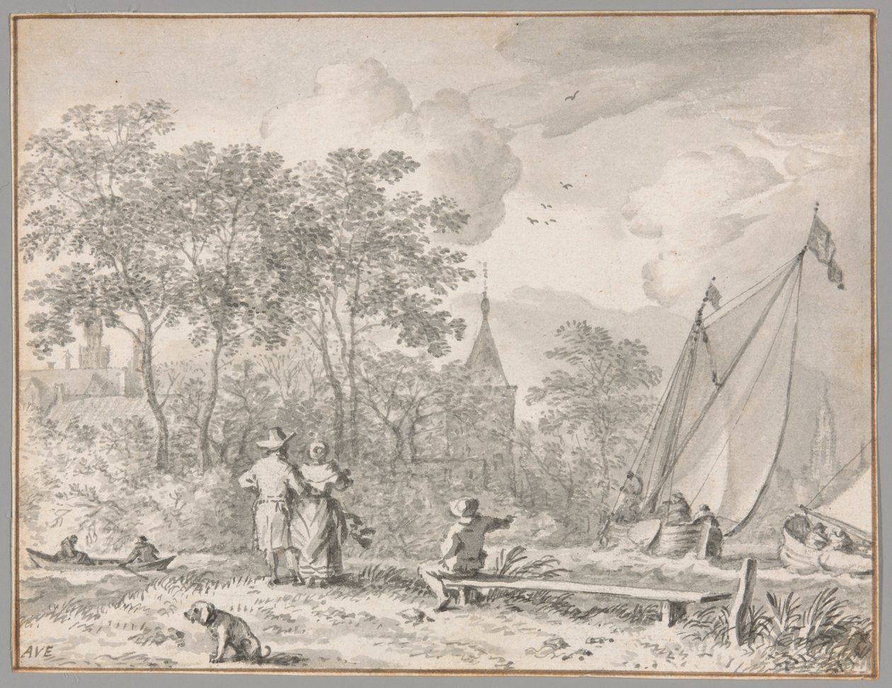 Landschaft mit eleganten Figuren an einem Fluss, mit Booten rechts und einer Stadt hinter Bäumen dahinter von Allaert van Everdingen