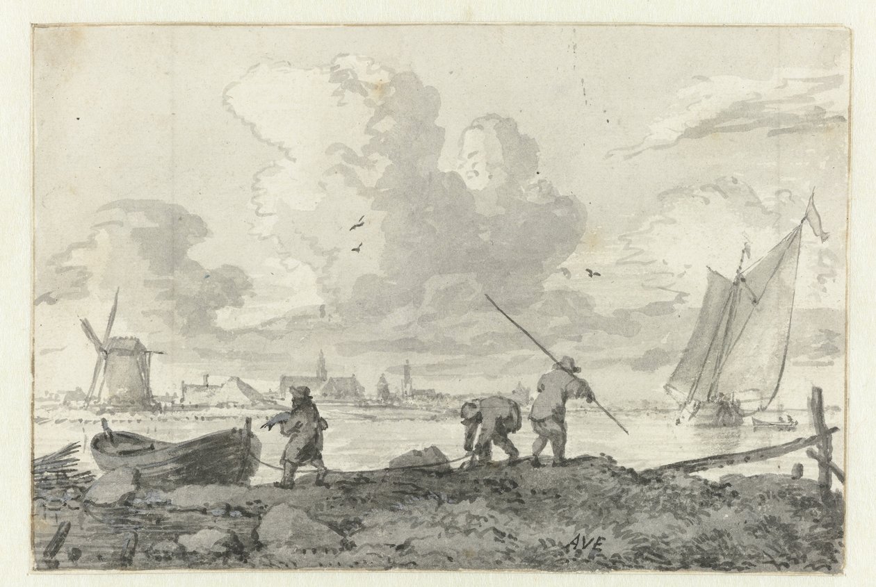 Fischer mit ihrem Ruderboot an der Spaarne bei Haarlem von Allaert van Everdingen