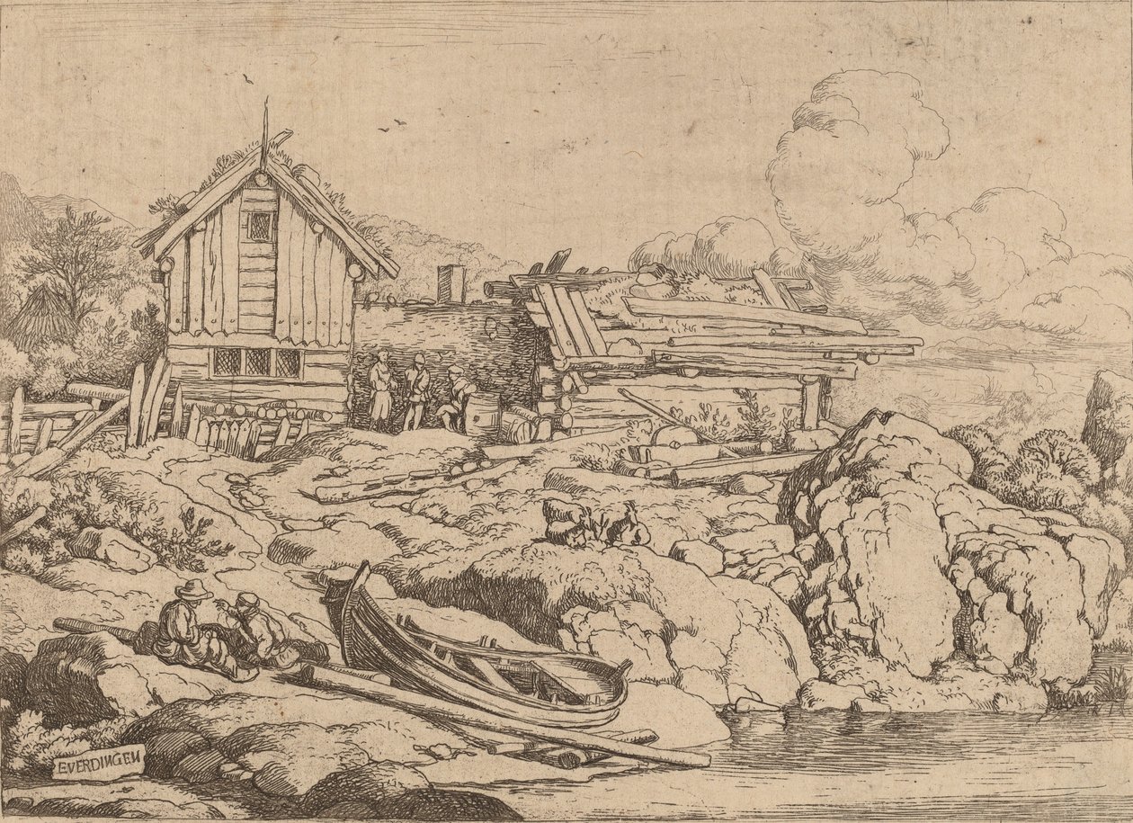 Boot an einem Flussufer mit drei Ziegen, wahrscheinlich um 1645-1656 von Allart van Everdingen