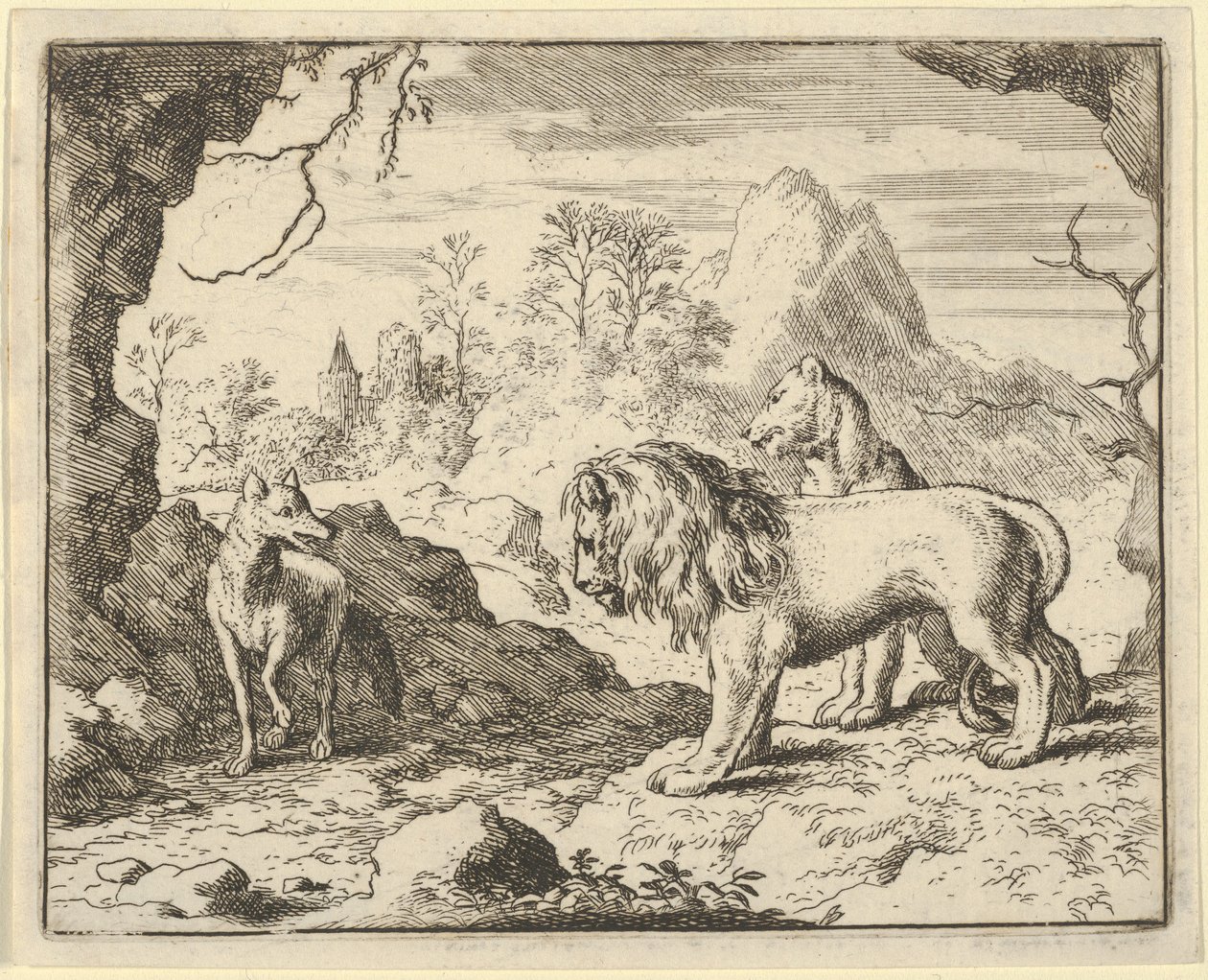 Renard überzeugt den Löwen und die Löwin, einen Schatz zu finden, den sein Vater ihnen gestohlen hat..., 1650-75 von Allart van Everdingen