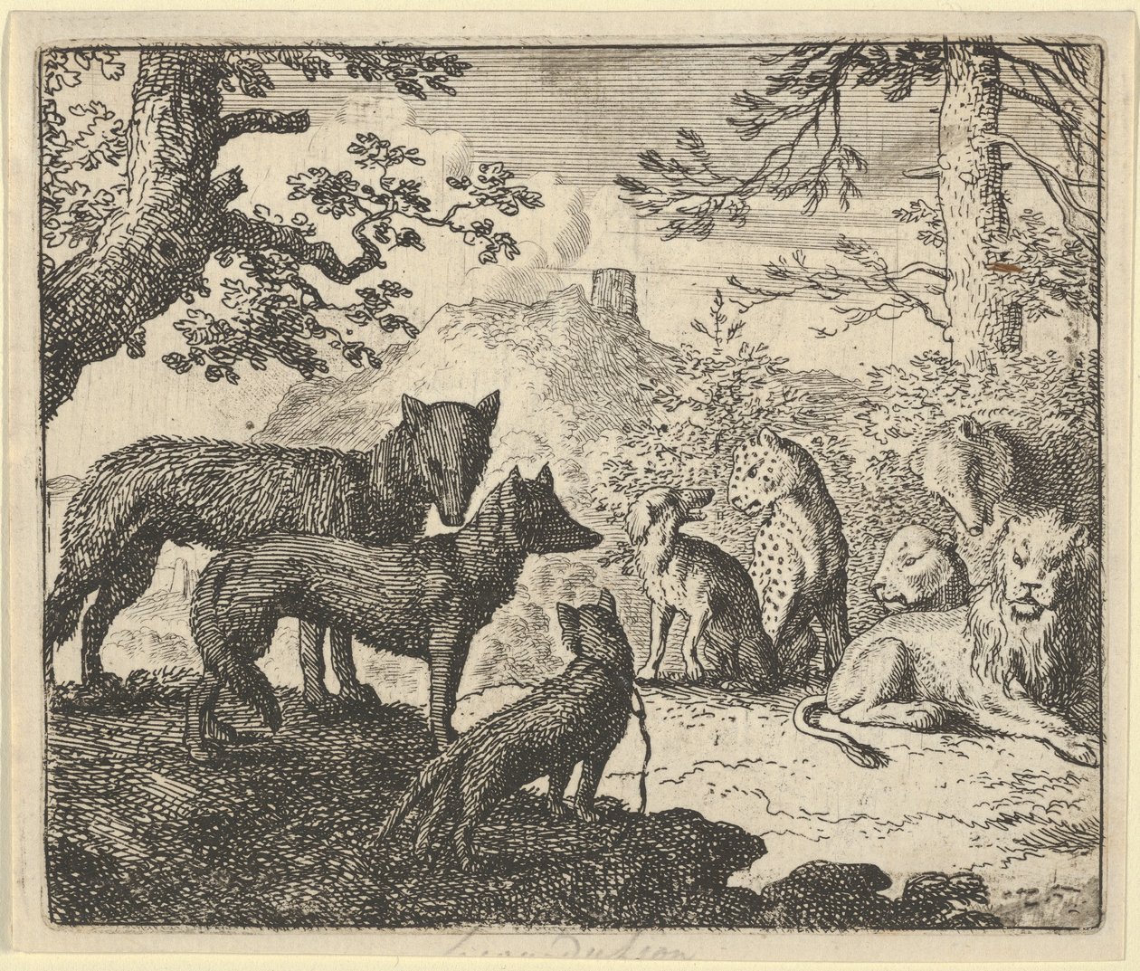 Renards Eltern bitten darum, den Hof verlassen zu dürfen, aus Hendrick van Alcmars Renard The Fox von Allart van Everdingen