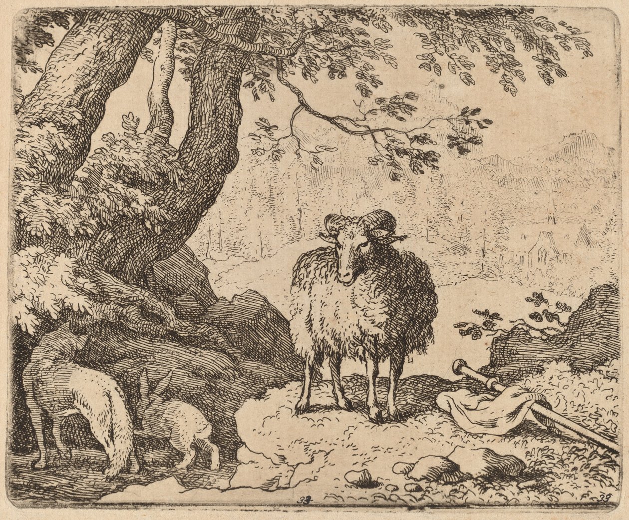 Reynard kehrt nach Hause zurück, begleitet von dem Widder und dem Kaninchen von Allart van Everdingen