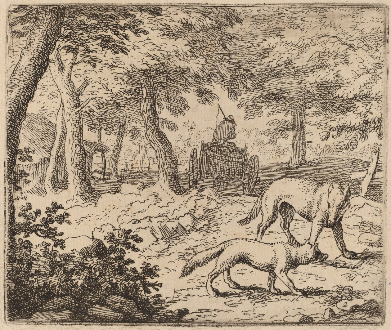 Reineke Fuchs und der Wolf vor dem Fischwagen, wahrscheinlich ca. 1645-1656 von Allart van Everdingen