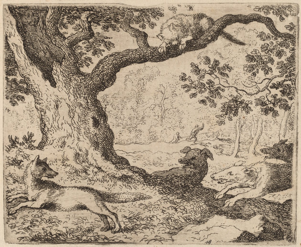 Reynards Vater und die von Hunden verfolgte Katze, wahrscheinlich ca. 1645-1656 von Allart van Everdingen