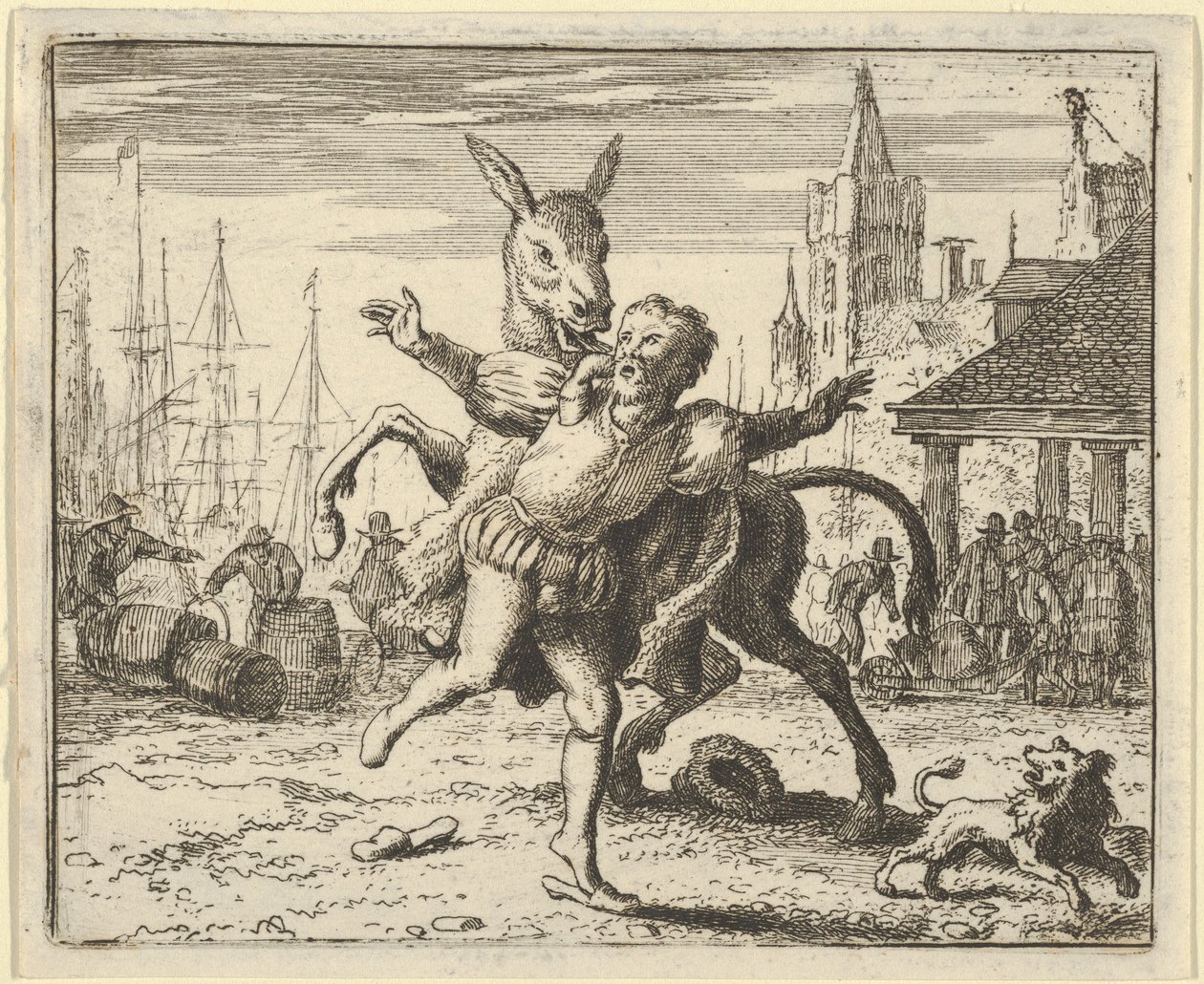 Der Esel, eifersüchtig auf die Aufmerksamkeit, die der Hund von seinem Herrn bekommt, versucht zu imitieren, 1650-75 von Allart van Everdingen
