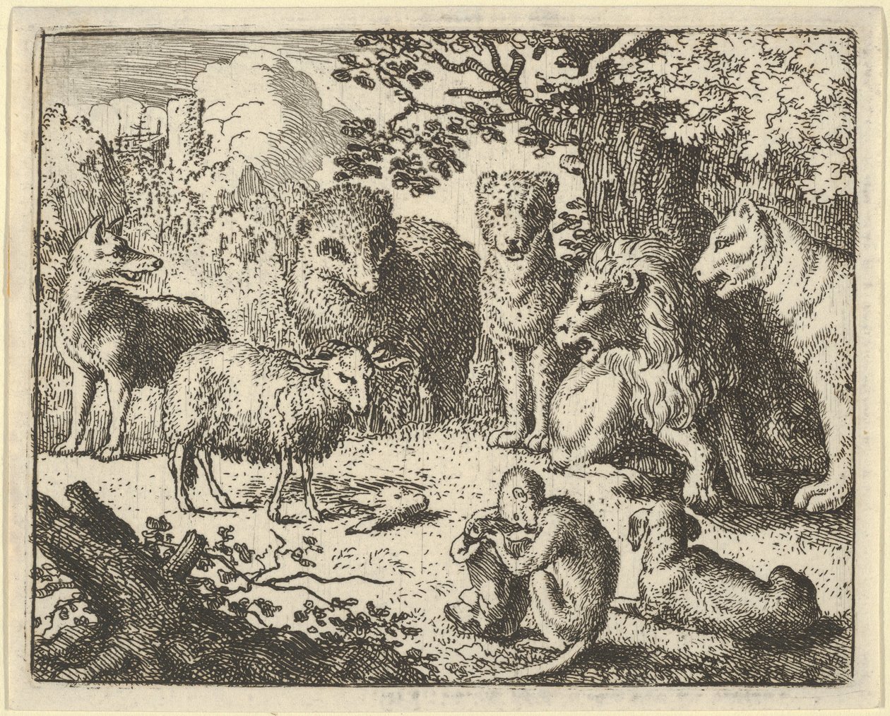 Der Affe öffnet das Paket und entfernt den Kopf des Kaninchens zur großen Überraschung der..., 1650-75 von Allart van Everdingen