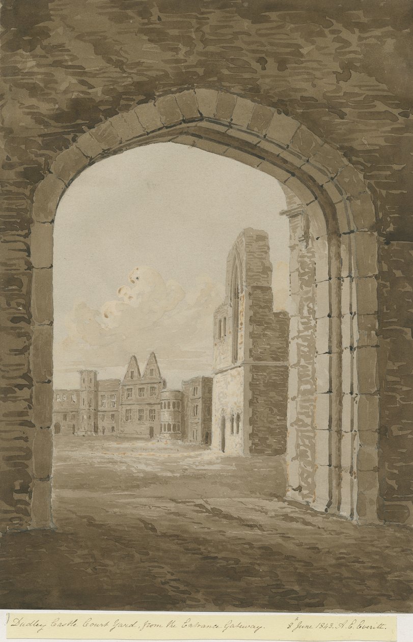 Dudley Schloss - Der Bergfried: Rot-Sepia-Zeichnung, 8. Juni 1843 von Allen Edward Everitt