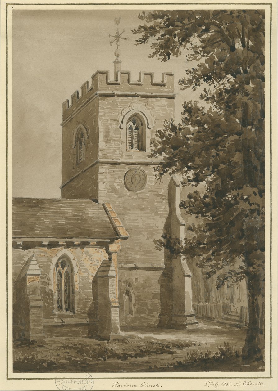 Harborne Kirche: Rote Sepia-Zeichnung, 2. Juli 1842 von Allen Edward Everitt