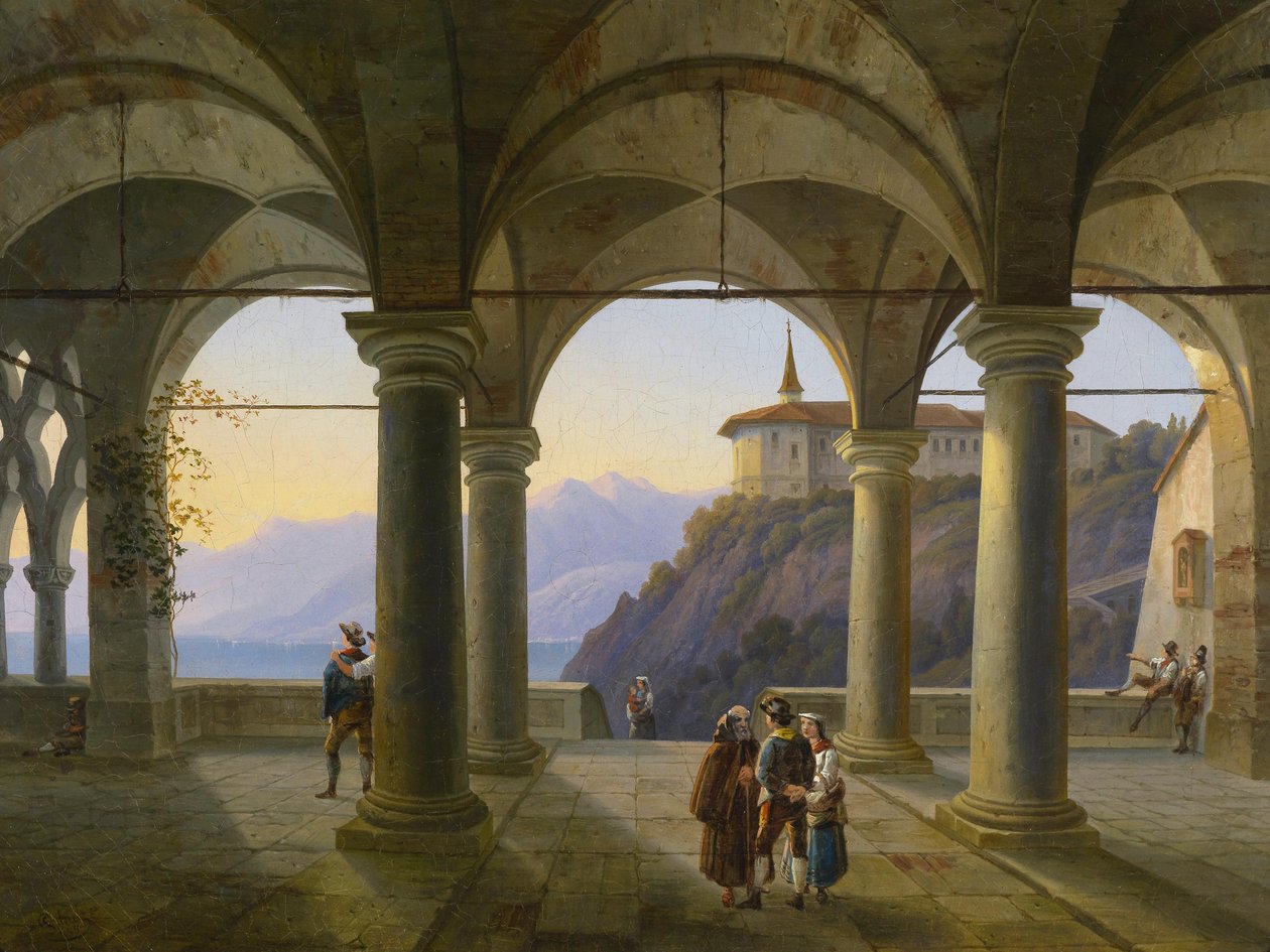 Säulenterrasse mit Menschen und Blick auf einen Bergsee von Alois Gustav Schulz