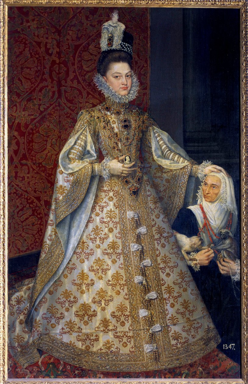 Ganzkörperporträt der Infantin von Spanien Isabelle Clara Eugenie von Habsburg, Herrscherin der Niederlande, und Magdalena Ruiz von Alonso Sánchez Coello