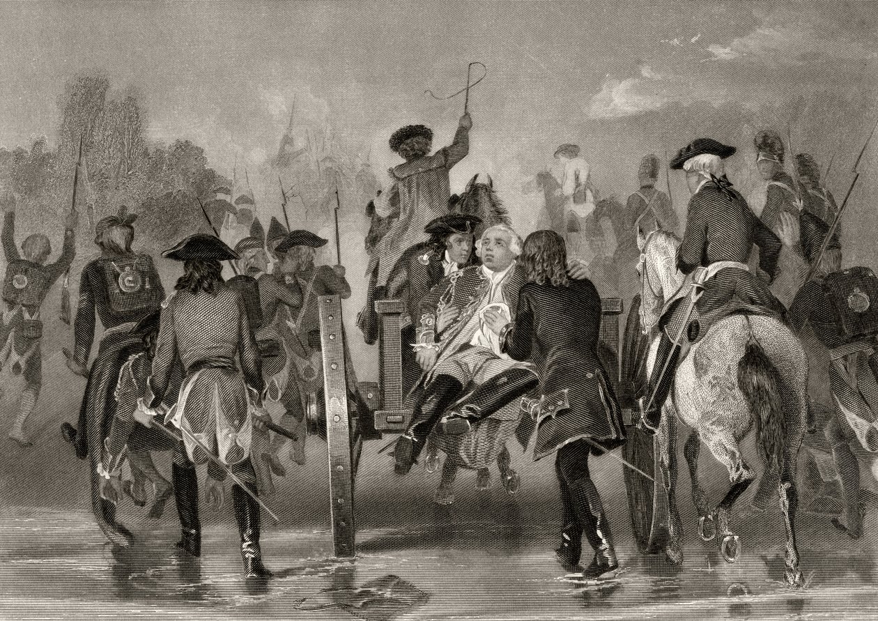 Schwer verwundeter General Edward Braddock zieht sich 1755 nach einem Angriff französischer und indianischer Truppen vom Monongahela River zurück, aus 