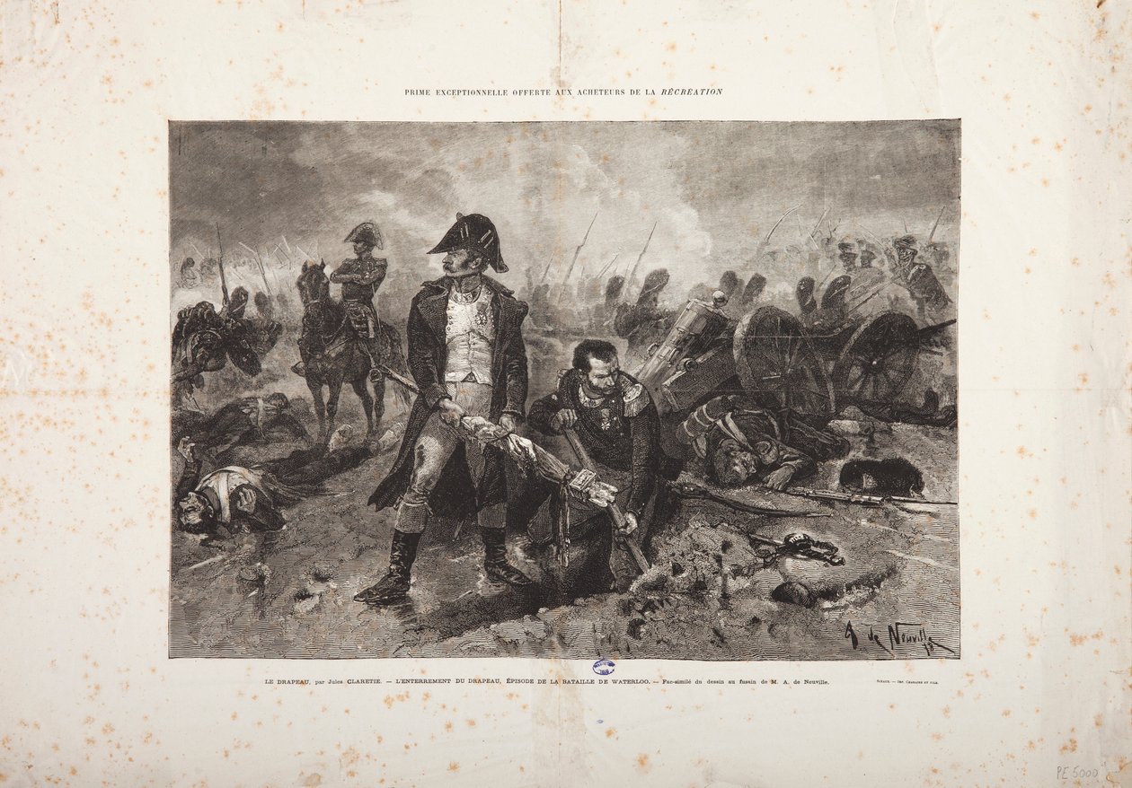 Die Beerdigung der Flagge, Episode der Schlacht von Waterloo, graviert von Jules Claretie von Alphonse Marie de Neuville