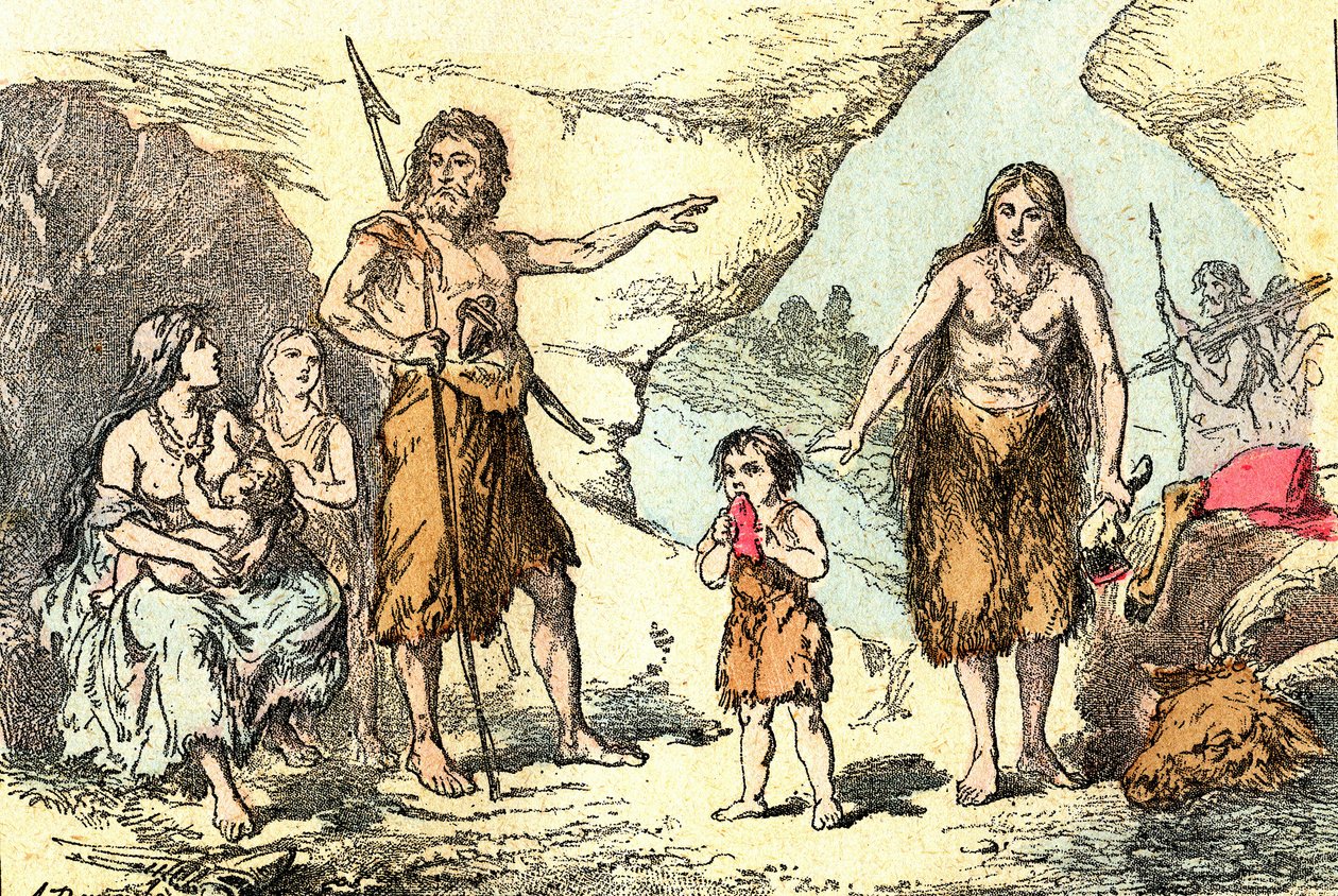 Eine Familie in der Ära der Rentiere (Prähistorie): Natürliche Schöpfung und Lebewesen. Zeichnung von A. Demarle. 1885 von Alphonse Demarle