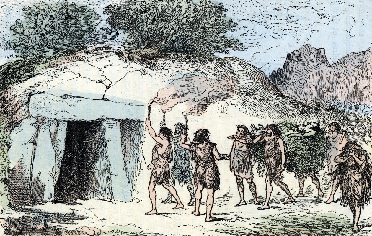 Prähistorie, Neolithikum: Begräbniszeremonie. Gravur aus 