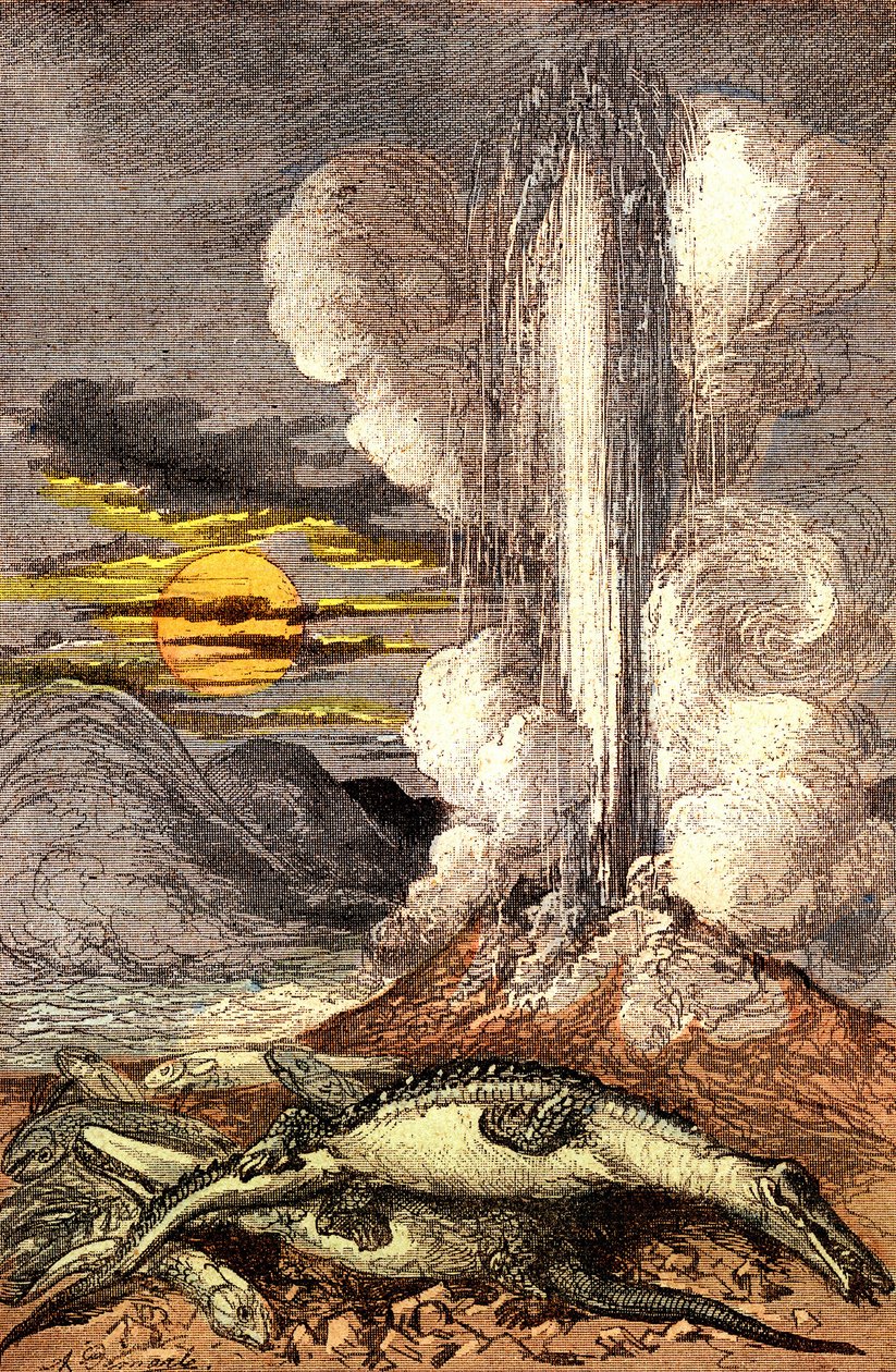 Giftige Ausbrüche von Thermalquellen in der Triaszeit. Schöpfung und Lebewesen (von Jules Rengade). Zeichnung von A. Demarle. 1885 von Alphonse Demarle