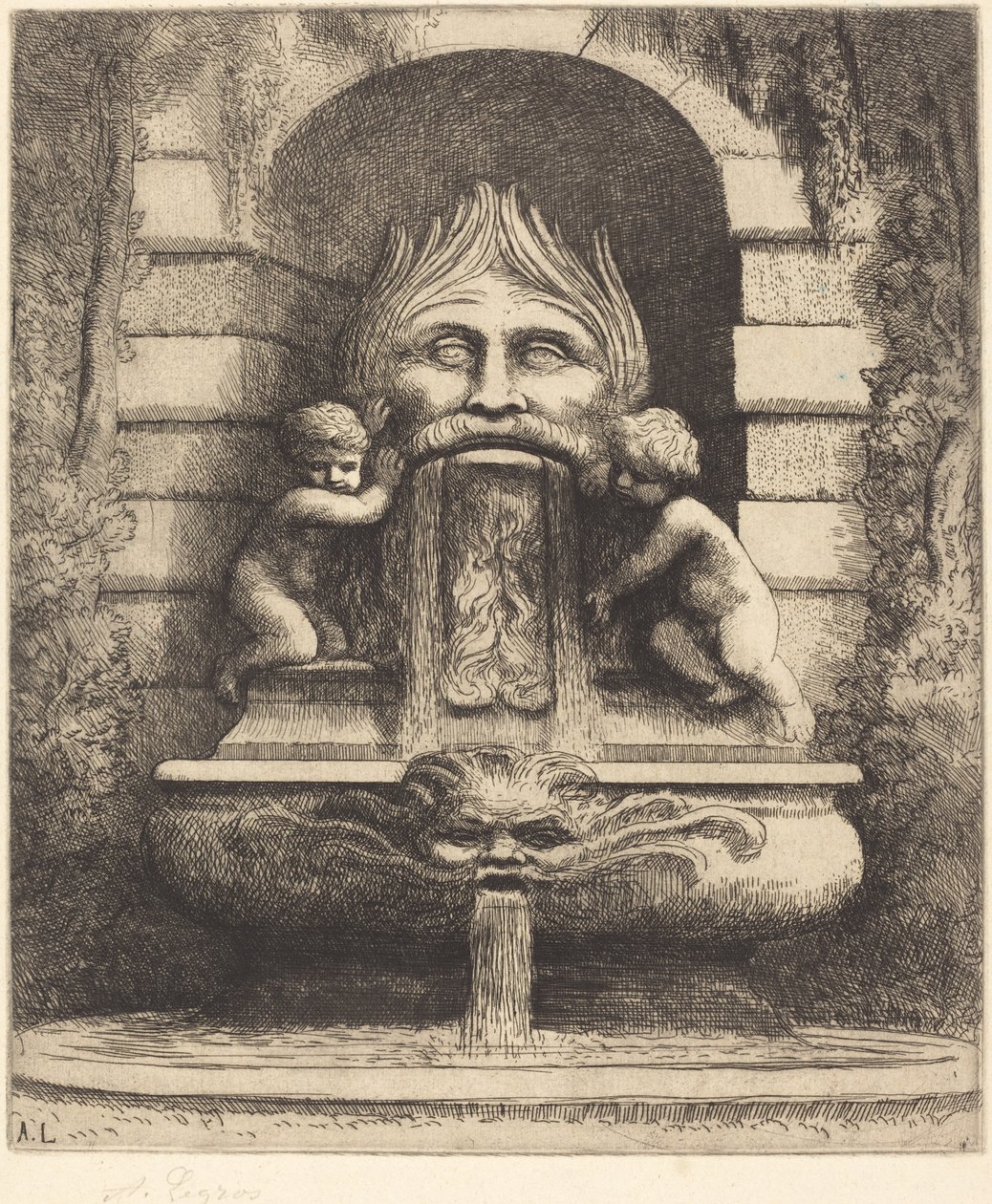 Brunnen: Groteske, Kinder und Becken Une fountaine: Masque, enfants et bassin von Alphonse Legros
