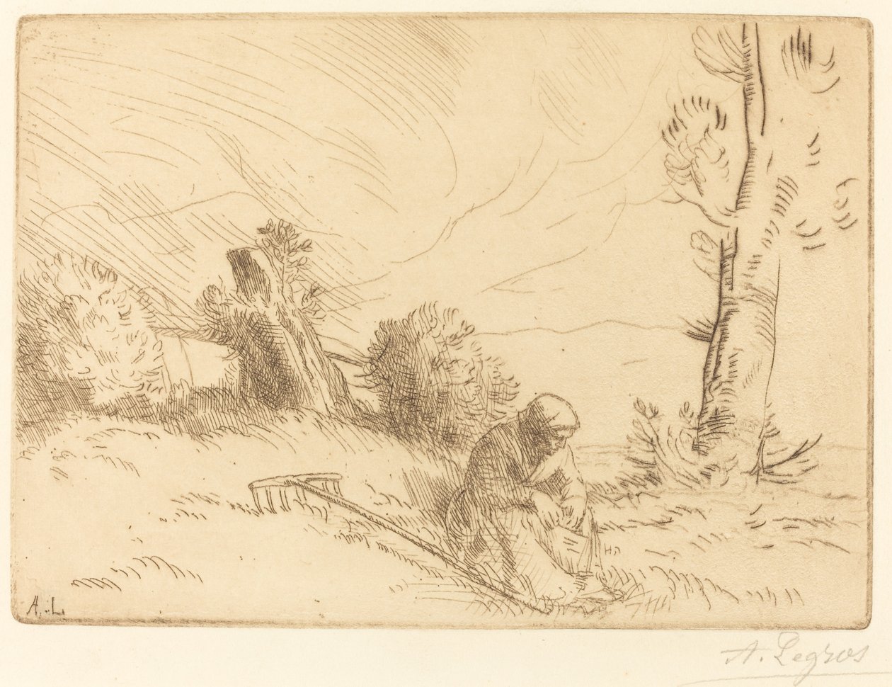Bäuerin sitzt nahe einer Hecke von Alphonse Legros