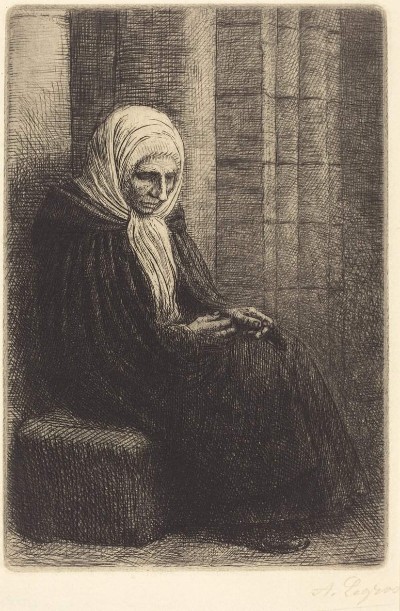 Frau sitzt an einer Wand, Kind mit Kopf in ihrem Schoß von Alphonse Legros