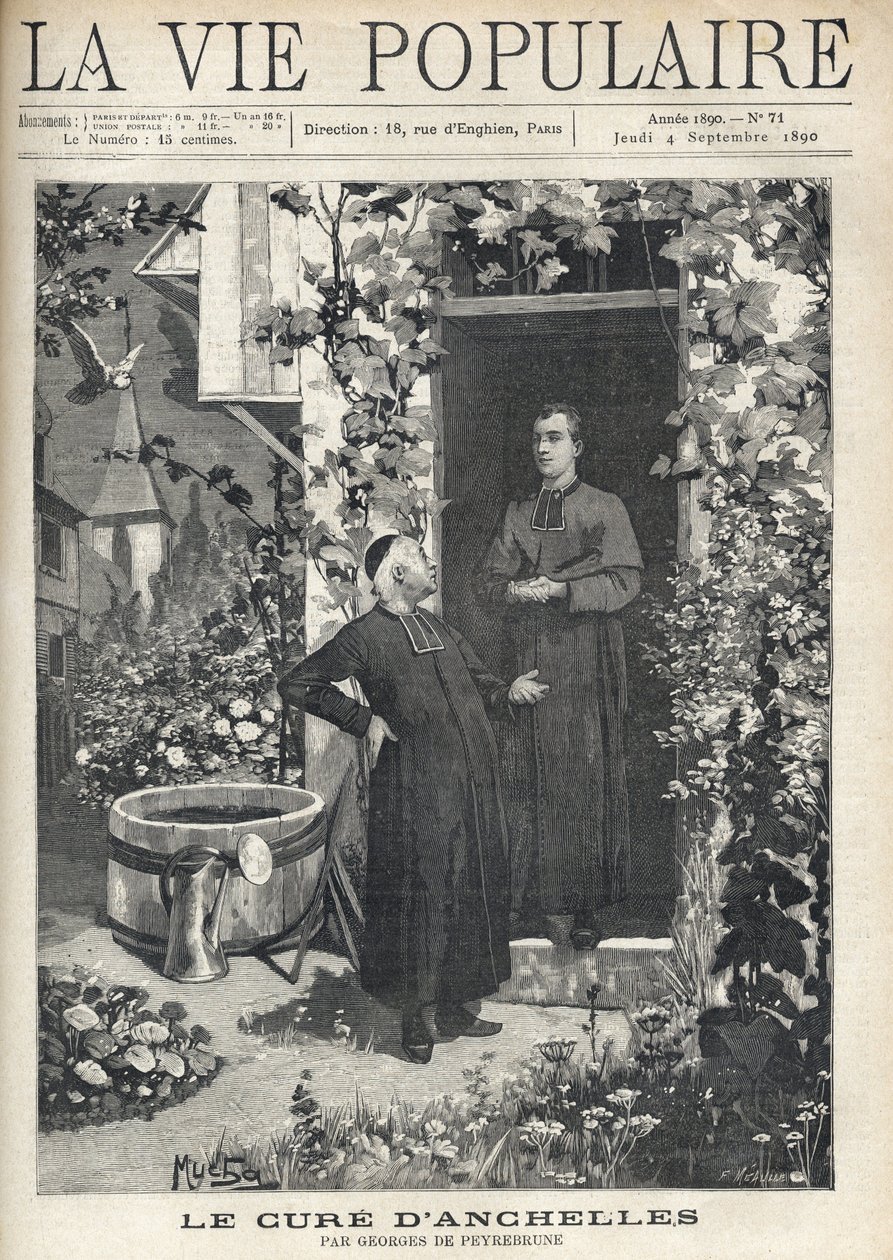 Am Eingang des Pfarrhauses wird eine Behandlung an eine jüngere Person gerichtet. Der Garten ist sehr blühend, ausgestattet mit einem Tank und einer Gießkanne, im Hintergrund sieht man den Kirchturm des Dorfes. Illustration von Alfons Maria Mucha (Alphonse von Alphonse Mucha