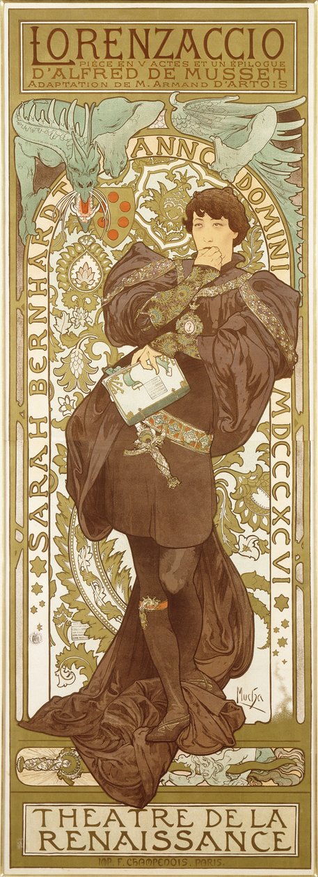 Lorenzaccio, Darstellung der stehenden Figur von Sarah Bernhardt in der Rolle, 1896 von Alphonse Mucha